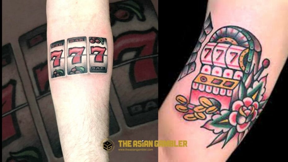 A body tattoo with a design of casino lucky 777 slot machine