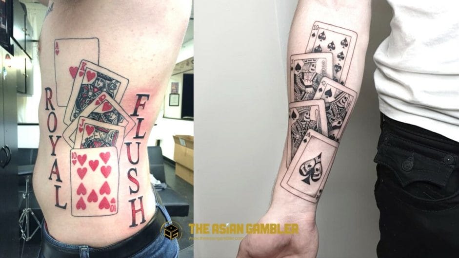 A body tattoo with a design of casino royal flush card 